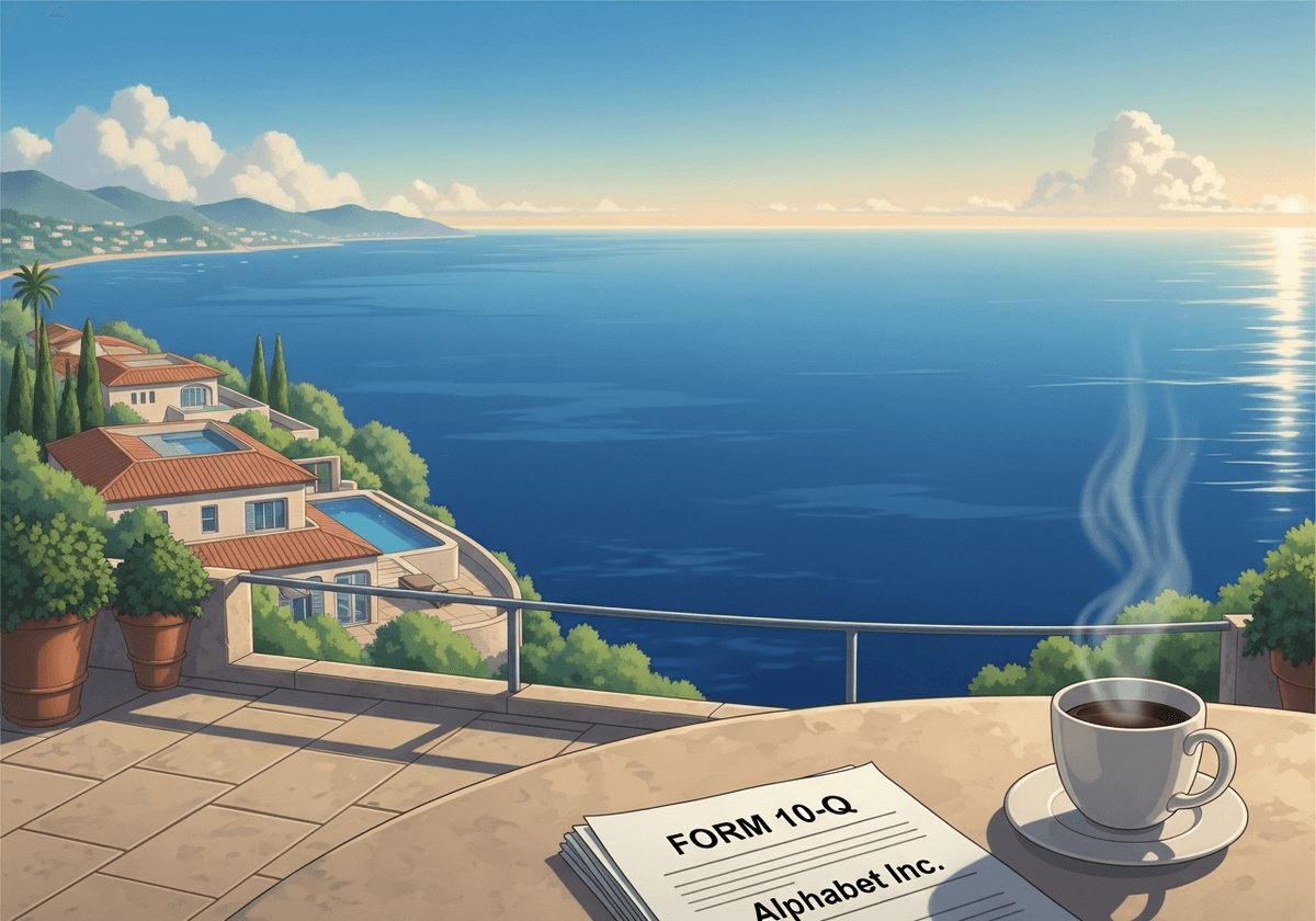 A serene view of a mountain from a balcony with a cup of coffee and a financial report on the table.